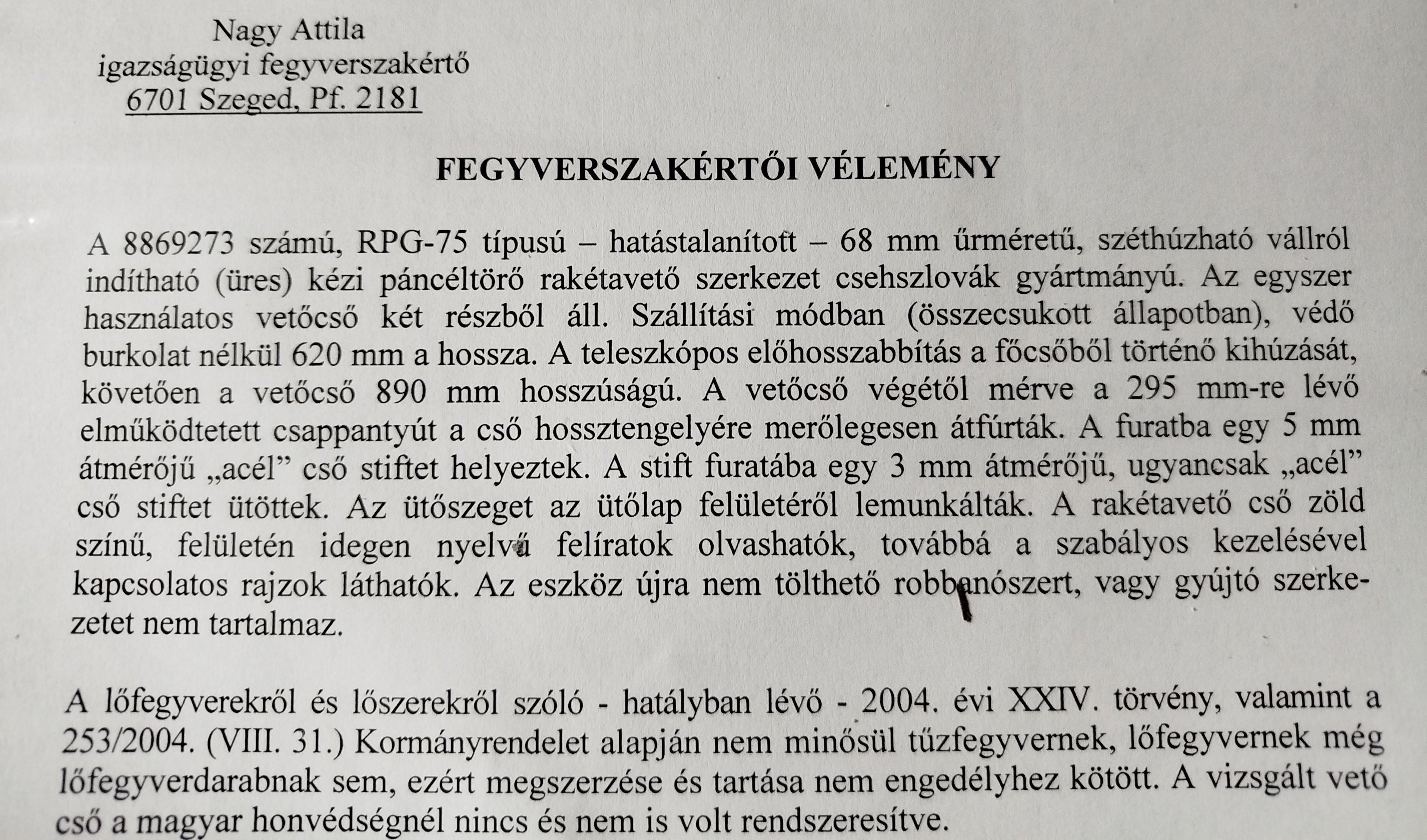 Hatástalanított RPG-75 eladó – katonai gyűjtőknek